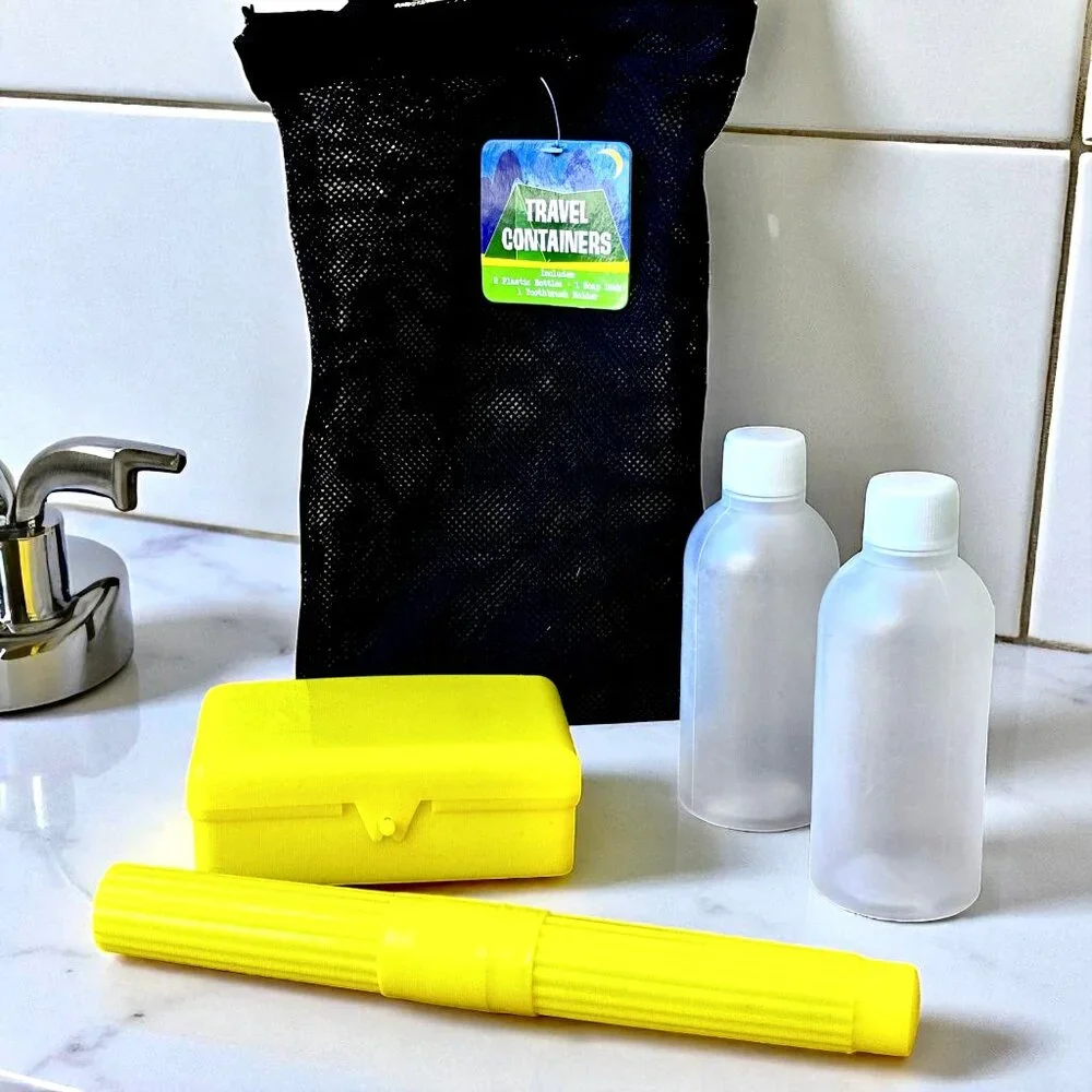 4 Piece Travel Bottles + Soap + Toothbrush Toiletry Container Set Net Bag NEW